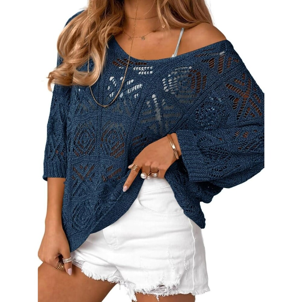 Saodimallsu Women's Crochet Cover Up SMALL Navy 3/4 Sleeve Off Shoulder Sweater